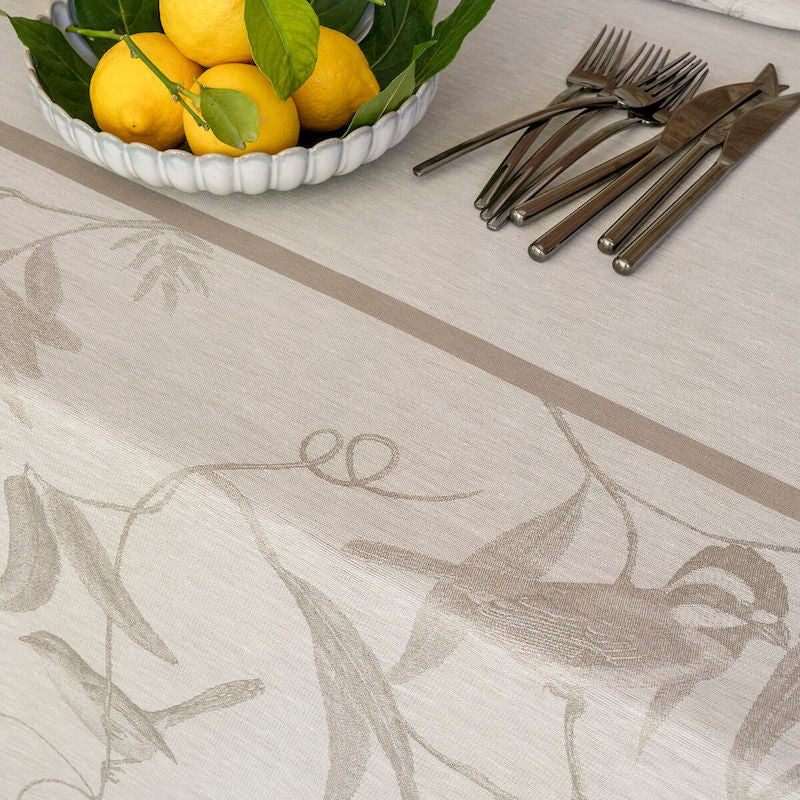 Voliere Beige Holiday Table Linens | Le Jacquard Francais Tablecloths - Detail of Linen Tablecloth