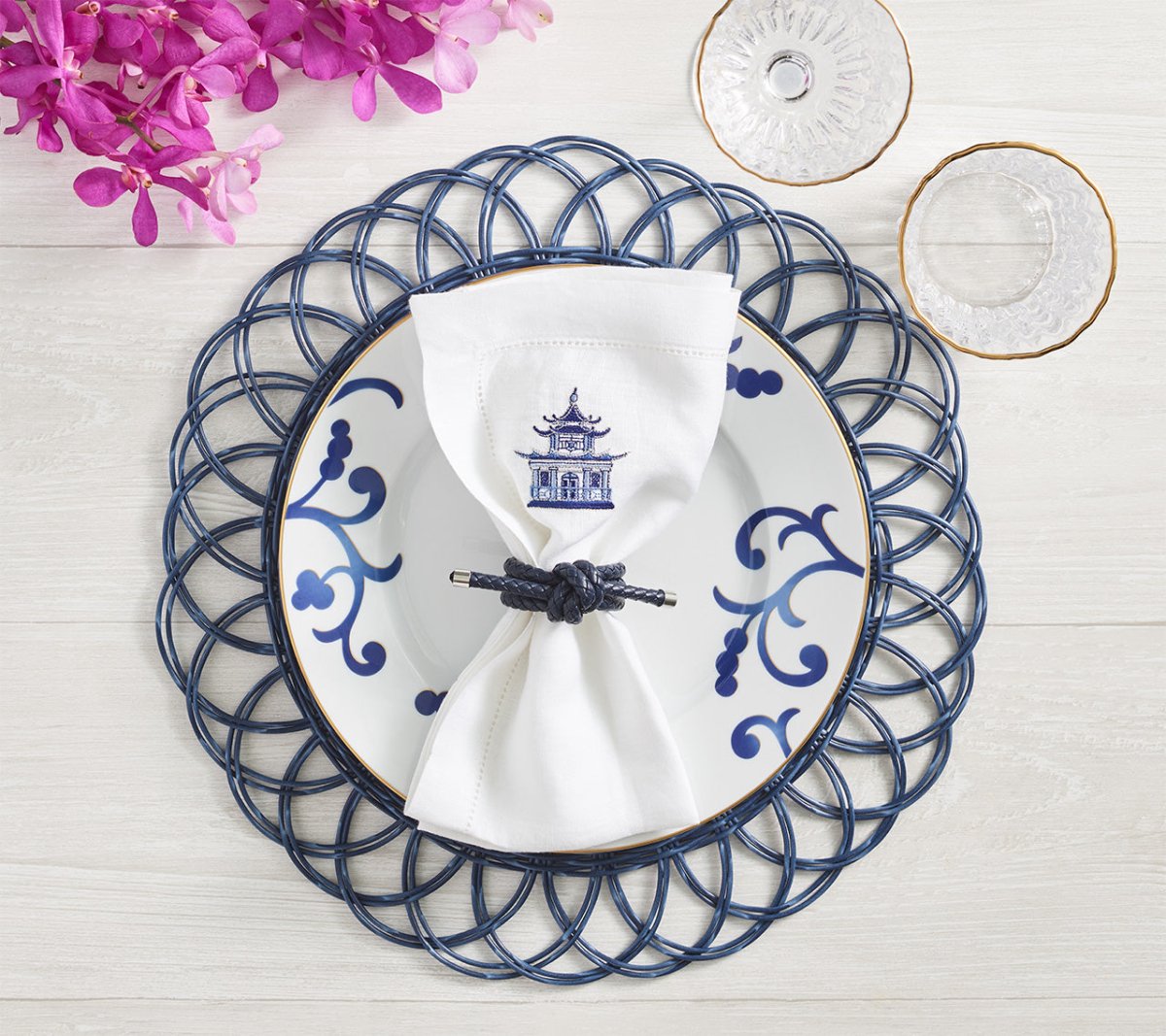 Kim Seybert Table - Rope Knot Navy Blue Faux Leather Napkin Rings at Fig Linens and Home 3