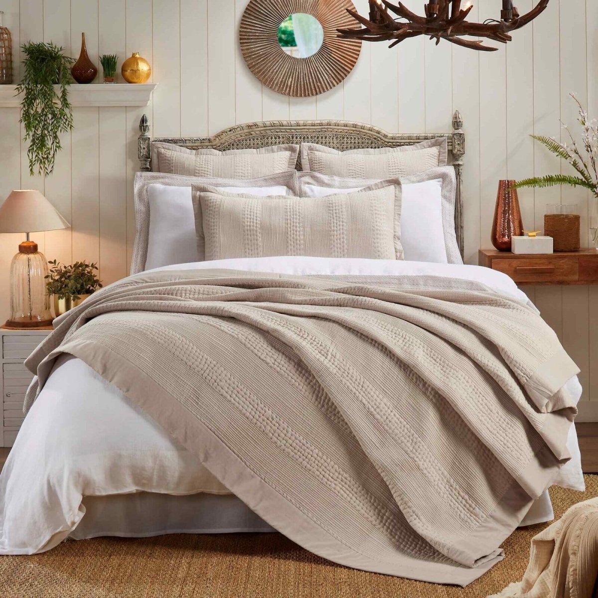 Laysan Channel Quilted Cotton Coverlet by Orchids Lux Home in Dune - Lifestyle 1