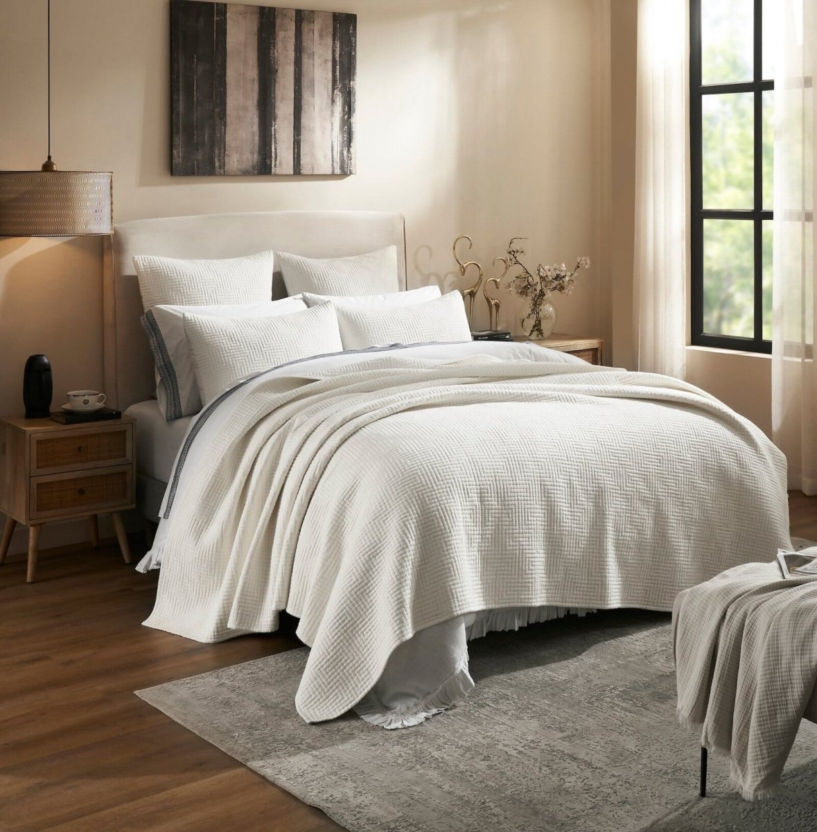 Orchids Lux Home Maze Geometric Linen Coverlet - White Queen Quilt at Fig Linens and Home 3