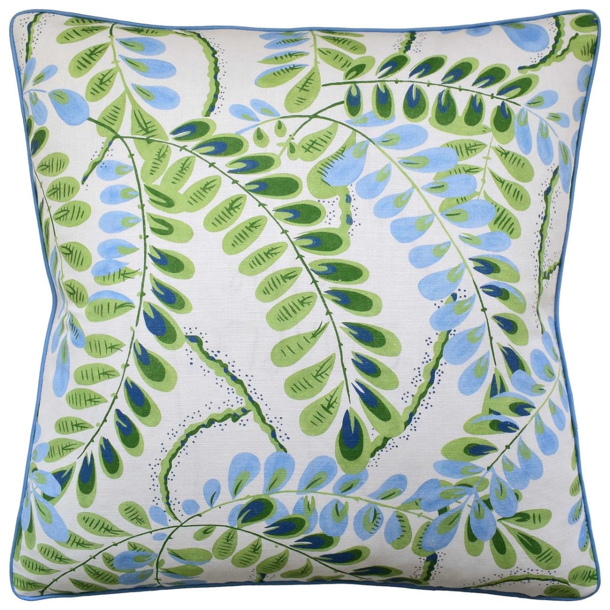 Augusta Blue and Green Throw Pillow by Ryan Studio - Blue and Green Wisteria on White
