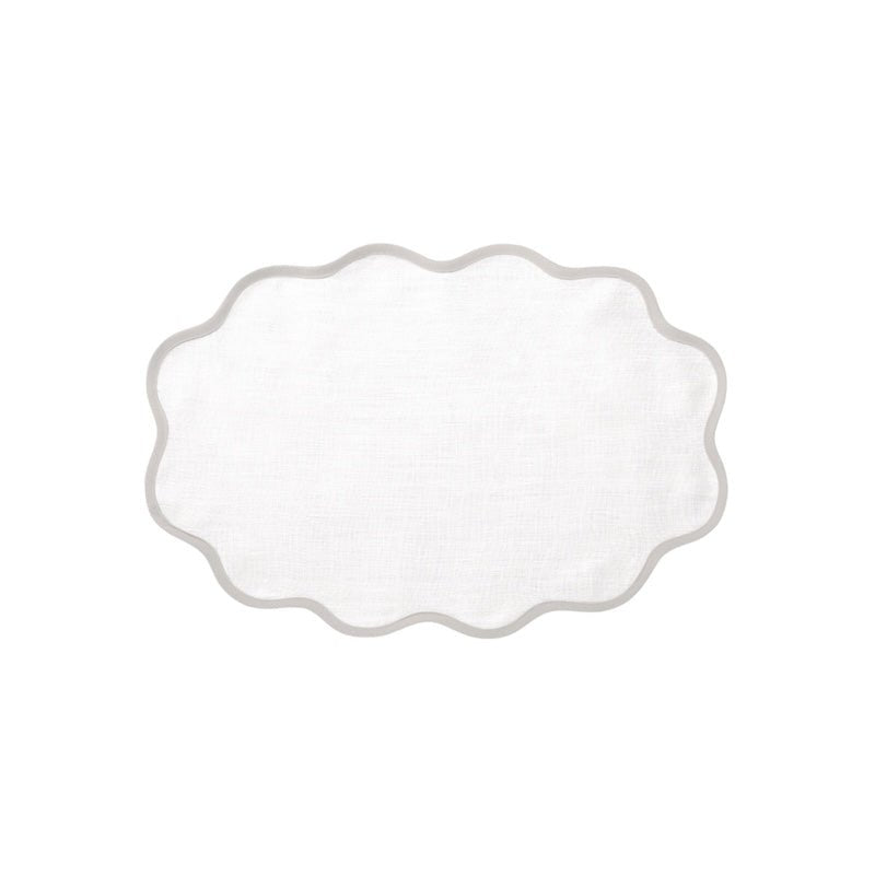 Matouk Placemat - Scallop Edge Oval Placemat in White with Classic Grey Trim
