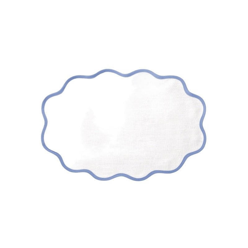 Matouk Placemat - Scallop Edge Oval Placemat in White with Sky Blue
