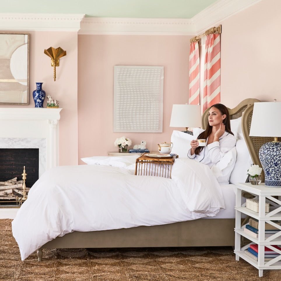 Scandia Home - Alesandra Bedding at Fig Linens and Home with Model in Bed