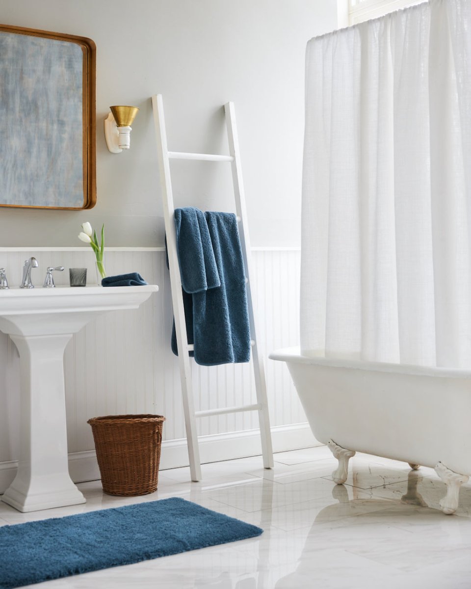 Indulgence Bath Towels by Scandia Home | Fig Linens and Home - Lifestyle View with Petrol Towels