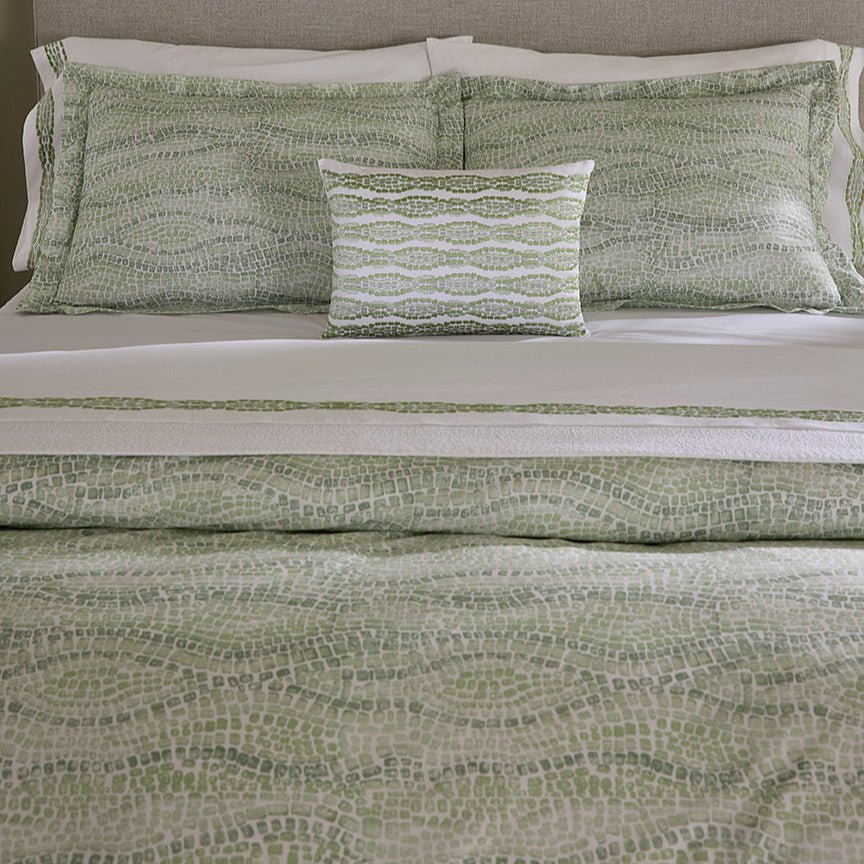 Sferra x Scalamandre Cobblestones 12x18" Decorative Pillow shown on bedding