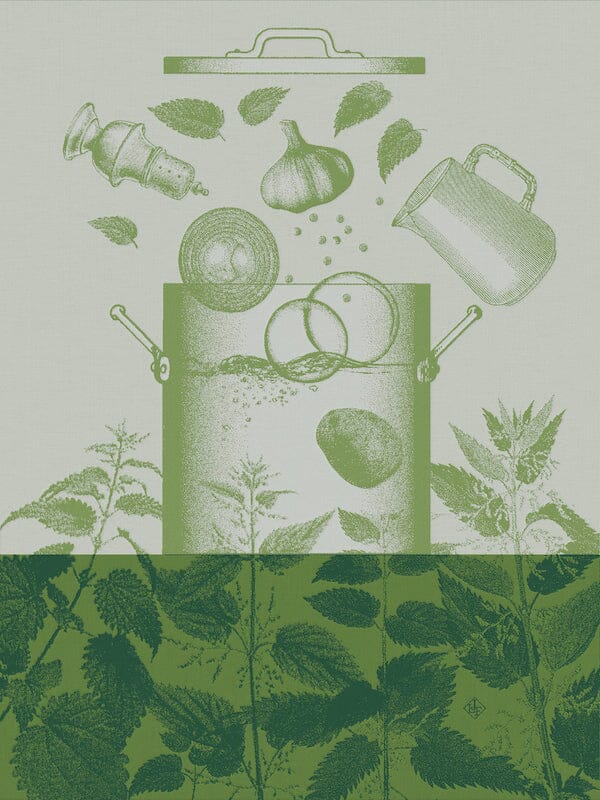 Veloute d&#39;orties green tea towel by Le Jacquard Francais at Fig Linens and Home