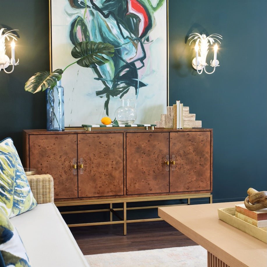 Ariel Dark Burlwood Buffet Cabinet with 4 Doors by Worlds Away at Fig Linens and Home - Lifestyle 3