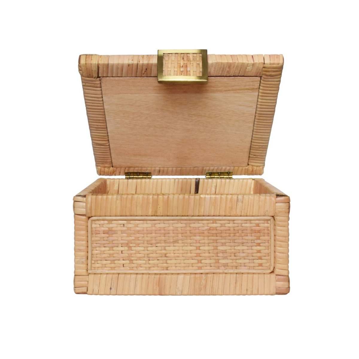 Bruno Small Woven Rattan Box Worlds Away at Fig Linens and Home - Open Lid with Brass Hardware