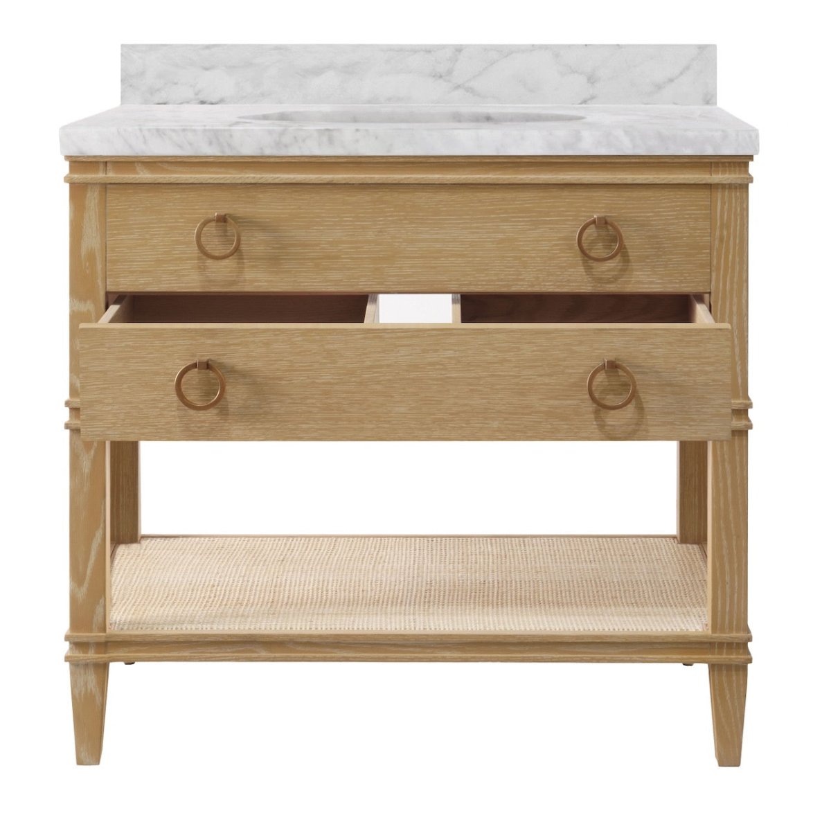 Single sink bath vanity - Worlds Away Cutler Cerused Oak Bathroom Vanity Open Drawers View