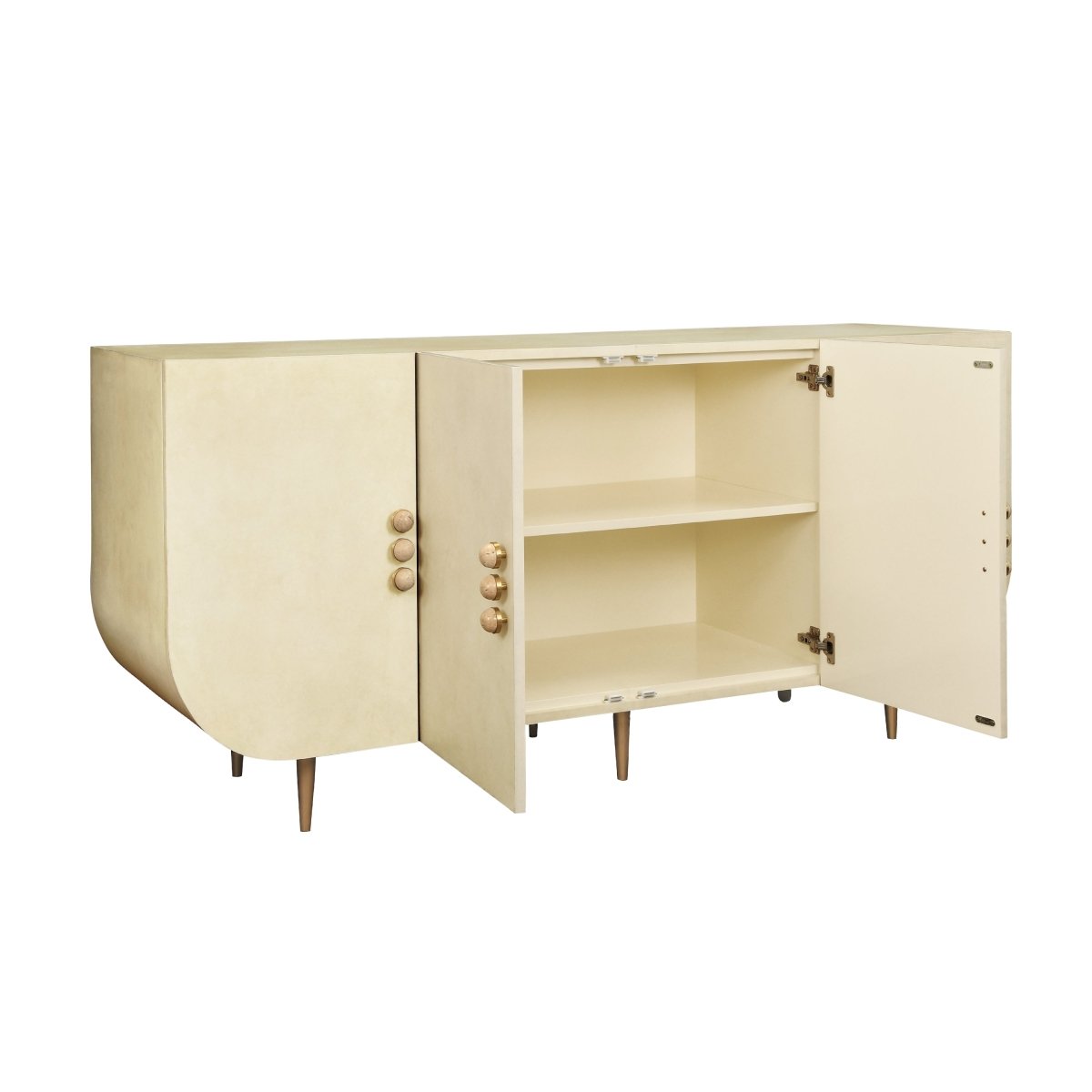 Deluca Beige Buffet Cabinet by Worlds Away | Faux Parchment Console - Doors Open