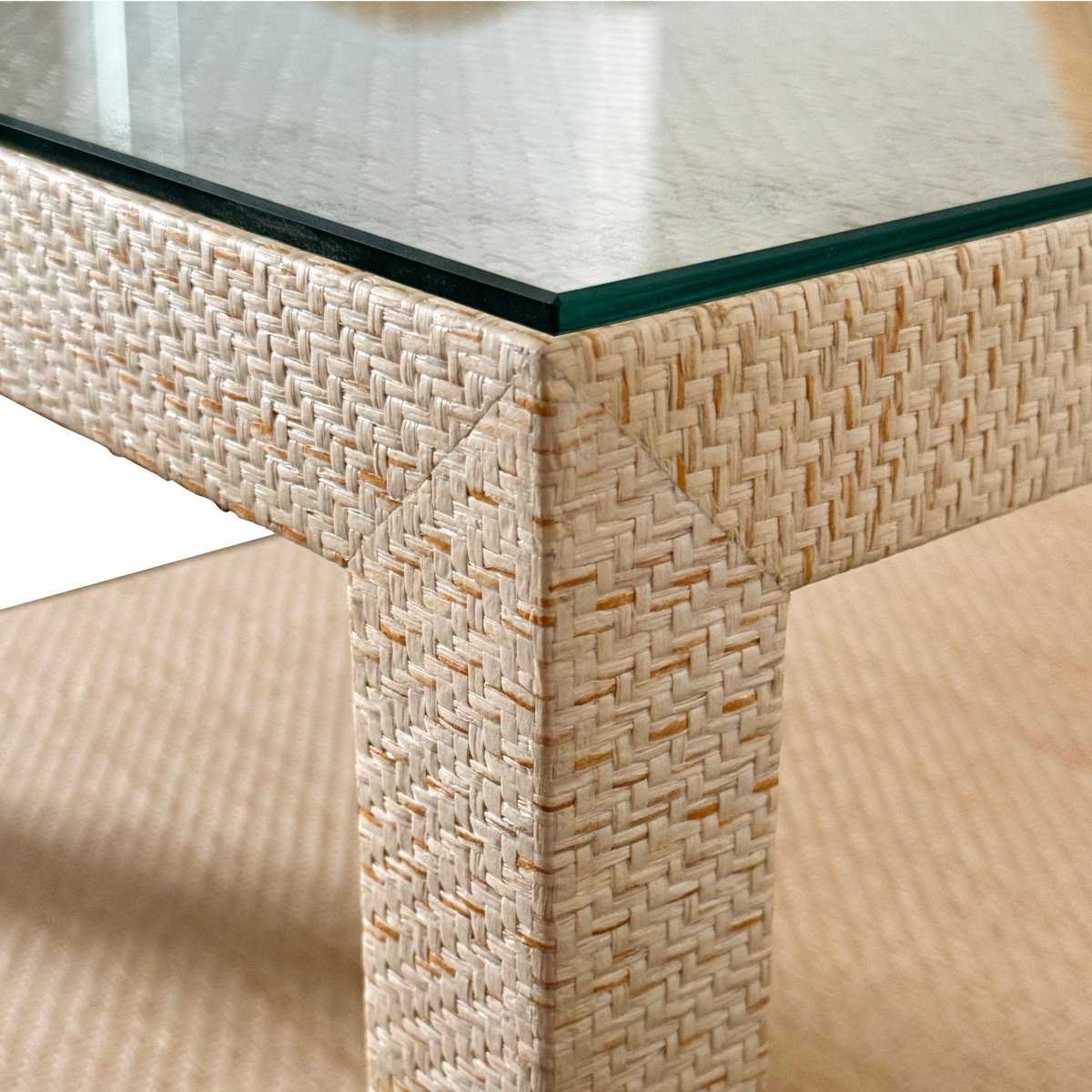 Douglas Natural Side Table by Worlds Away - Corner of table with grasscloth texture