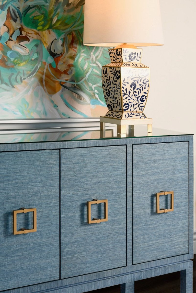 Worlds Away Effie Blue Buffet | Grasscloth Console at Fig Linens and Home - Detail View 1