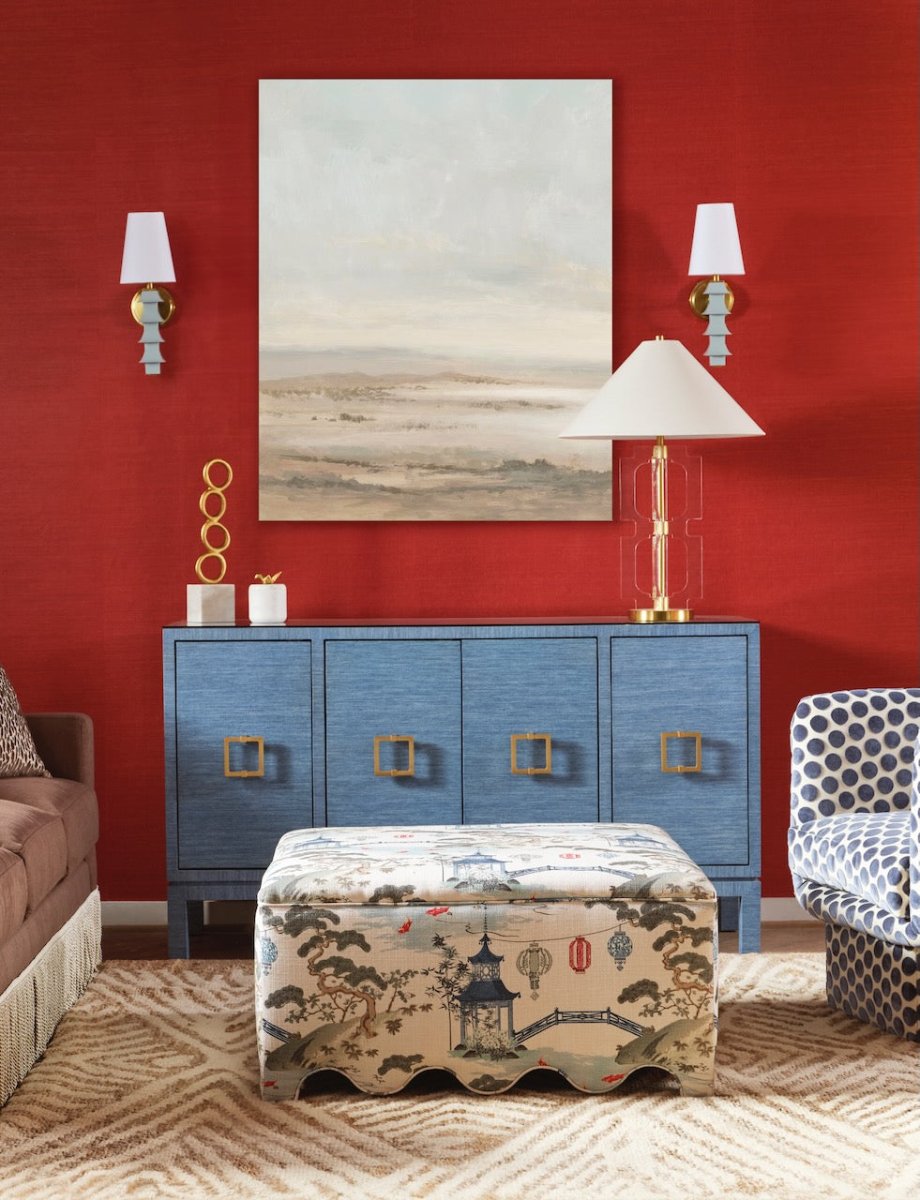 Worlds Away Effie Blue Buffet | Grasscloth Console at Fig Linens and Home - Lifestyle