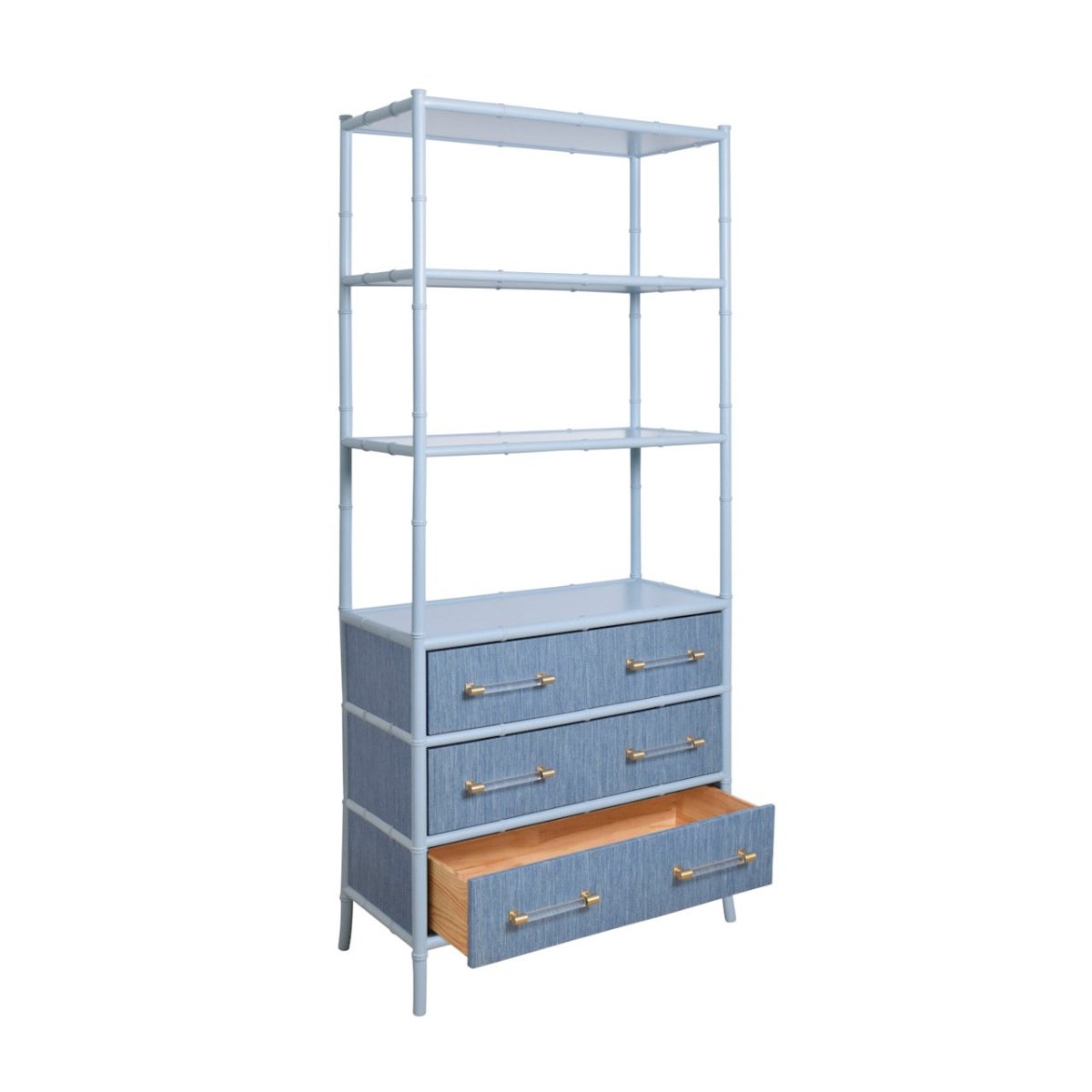 Flynn Blue Grasscloth Etagere by Worlds Away at Fig Linens and Home - Drawers Open View
