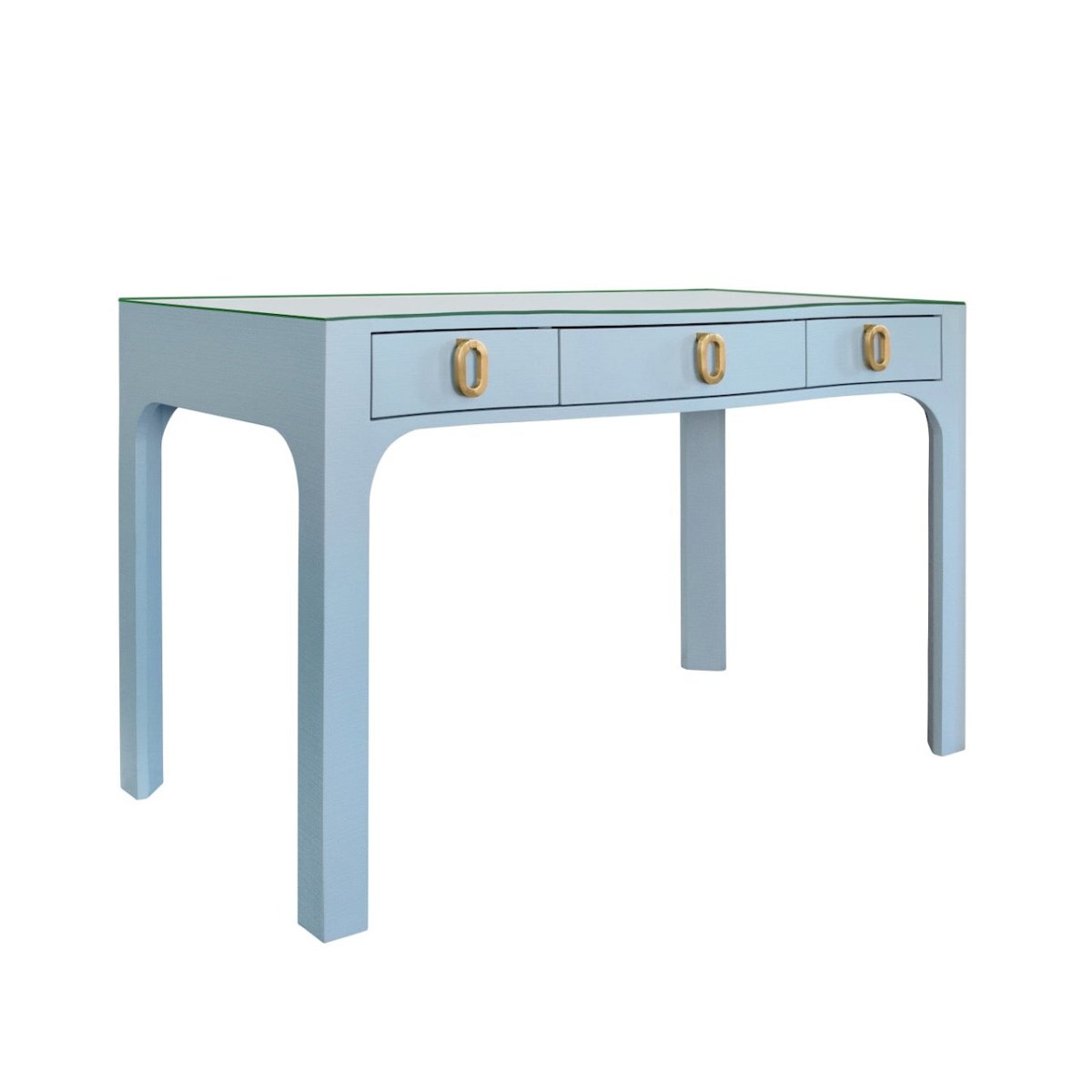Worlds Away Gladys Curved Front Desk in Light Blue Textured Linen - Angle at Fig Linens and Home