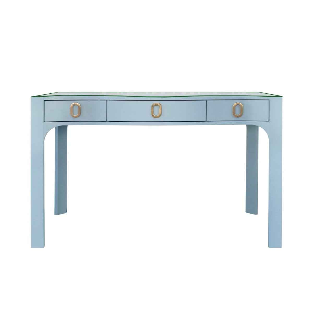 Worlds Away Gladys Curved Front Desk in Light Blue Textured Linen - Front at Fig Linens and Home