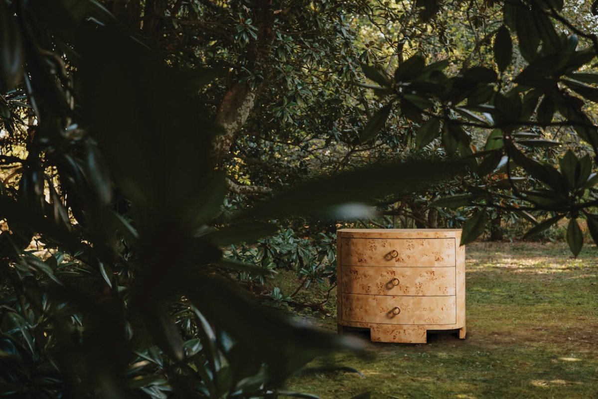 Henry Burlwood Demilune Chest by Worlds Away 35"H x 42"W x 20"D Burlwood at FIG LINENS AND HOME 8