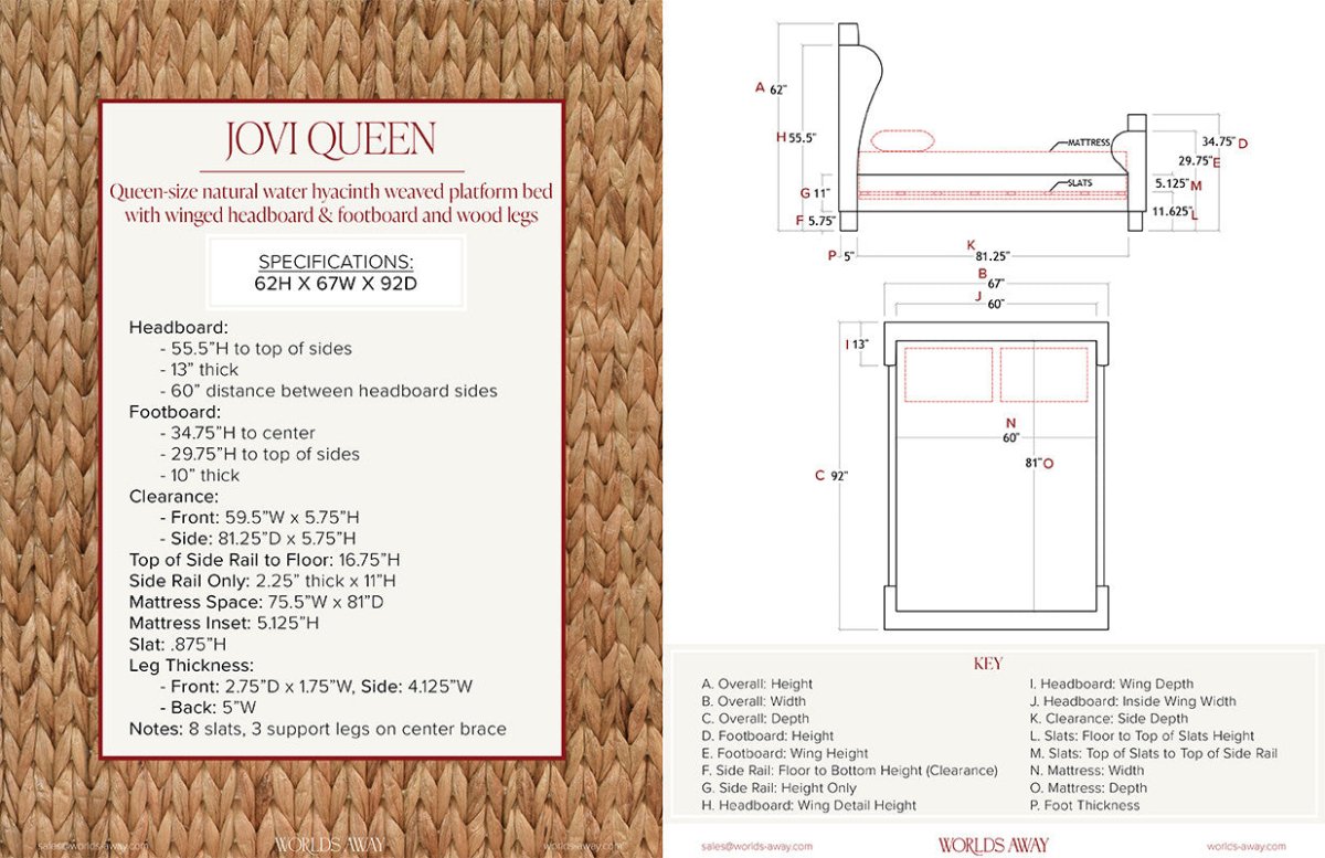 Jovi Queen Bed by Worlds Away at Fig Linens and Home | Coastal Winged Headboard Bed - Spec Sheet