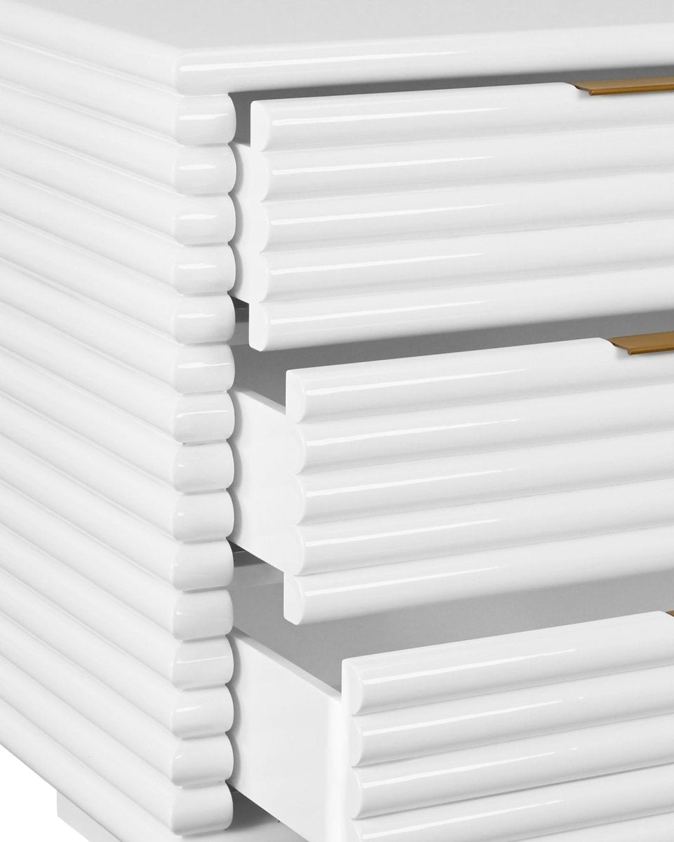 Mateo White Side Table Drawers Open View with Detail | Worlds Away at Fig Linens and Home