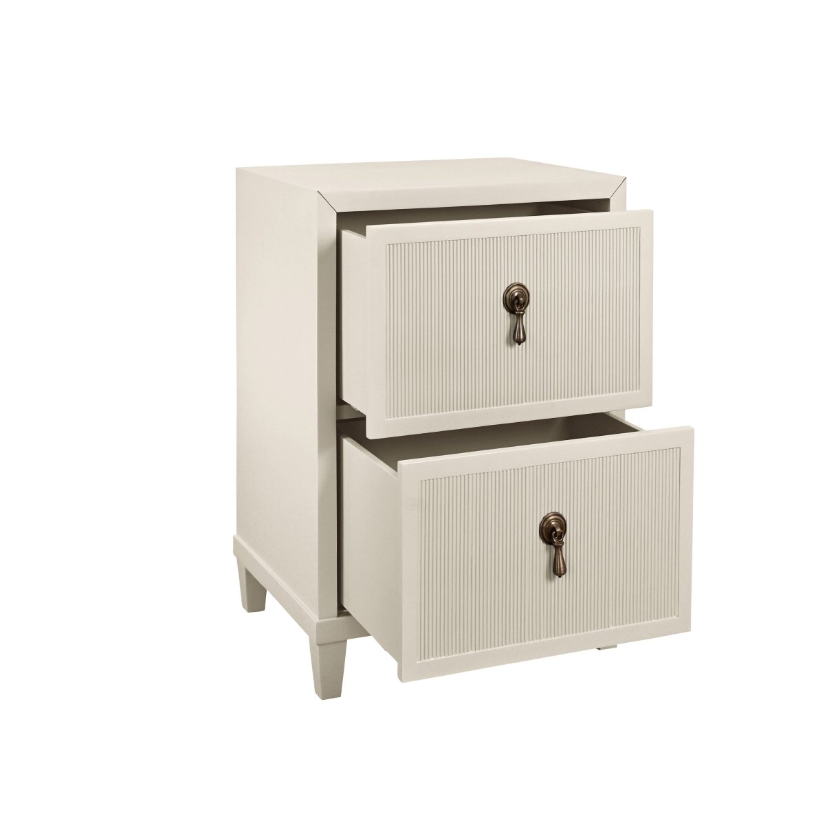 Worlds Away Novalie Antique White Side Table at Fig Linens and Home - Drawers Open Angle View