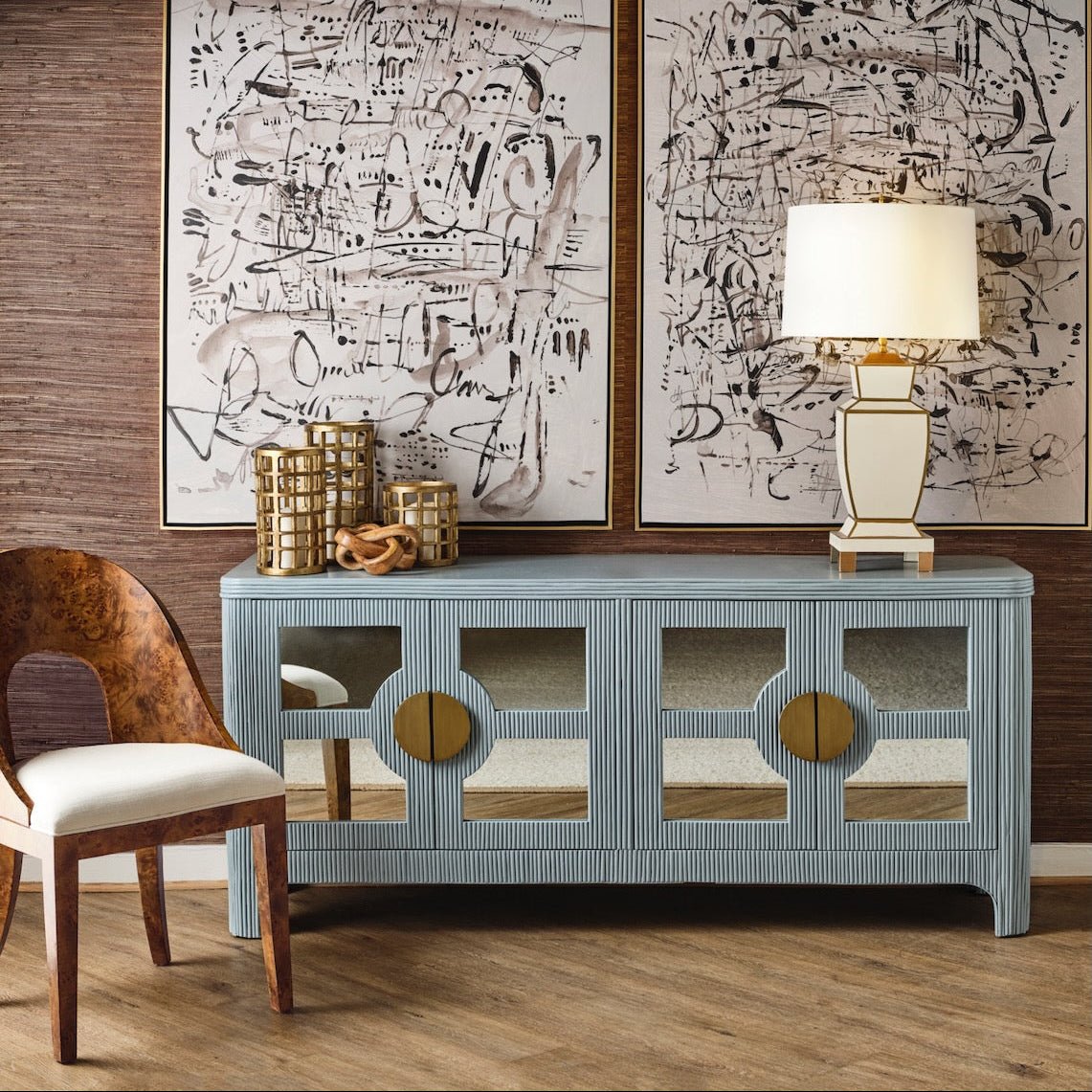 Opal Light Blue Rattan Buffet Cabinet by Worlds Away at Fig Linens and Home - Lifestyle 1