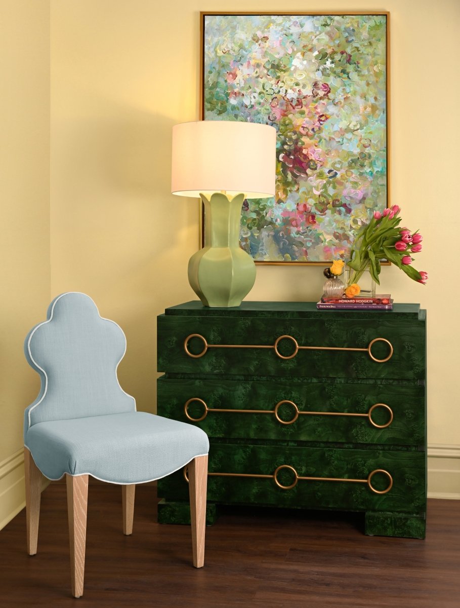 Adelaide Light Blue Chair and Roderick Emerald Burlwood Dresser by Worlds Away - Lifestyle View