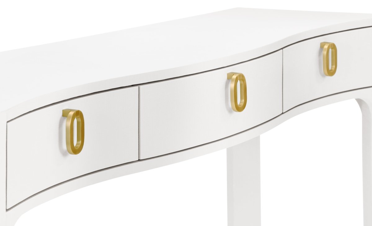 Sabrina White Console Table by Worlds Away at Fig Linens and Home - Curve Detail Angle View 2