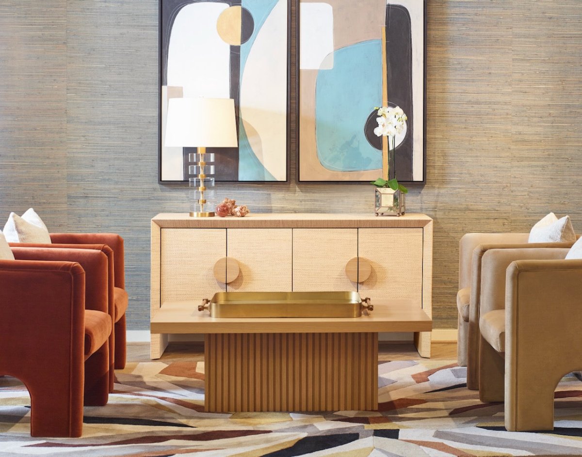 Worlds Away Saratoga Decorative Tray with Brass Finish - Shown on Table