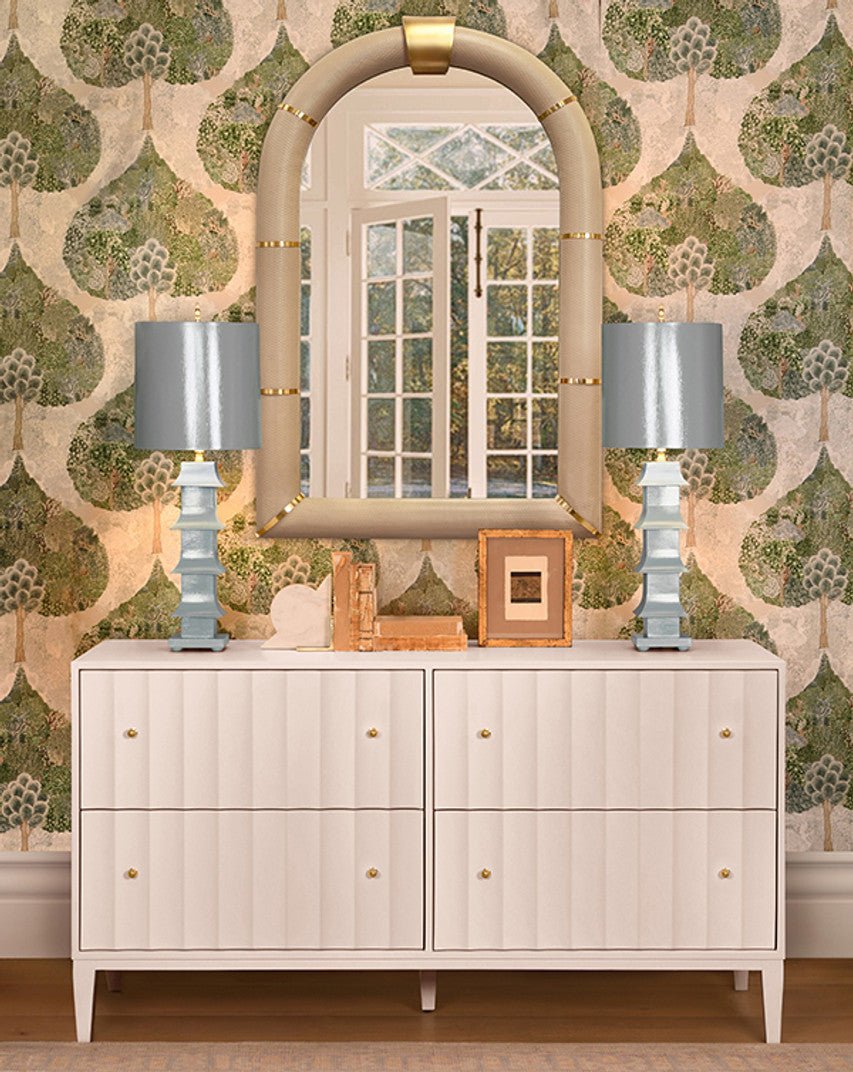 Worlds Away Bowie Arched Faux Ivory Leather Mirror 48.4" H x 2.8" W x 30.7" D Ivory and Antique Brass at FIG LINENS AND HOME 2
