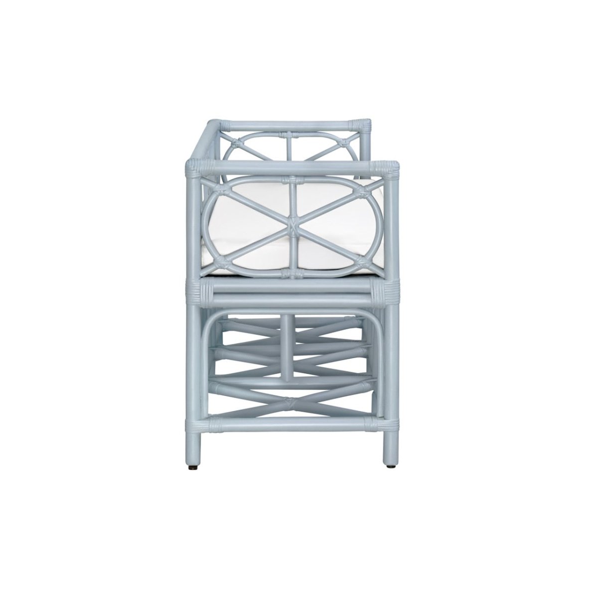 Worlds Away Ferguson Light Blue Rattan Loveseat Bench at Fig Linens and Home - Side View