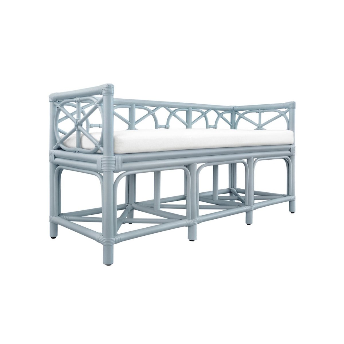 Worlds Away Ferguson Light Blue Rattan Loveseat Bench at Fig Linens and Home - Angle View