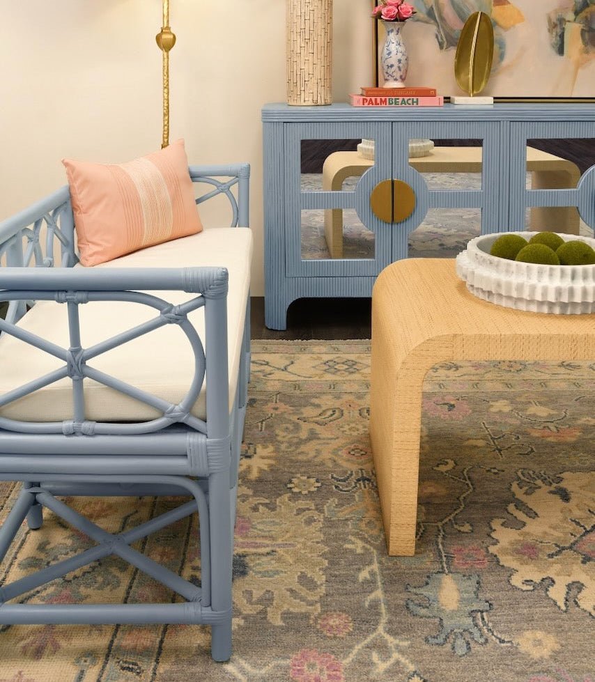 Worlds Away Ferguson Light Blue Rattan Loveseat Bench - Lifestyle in Family Room with Decor