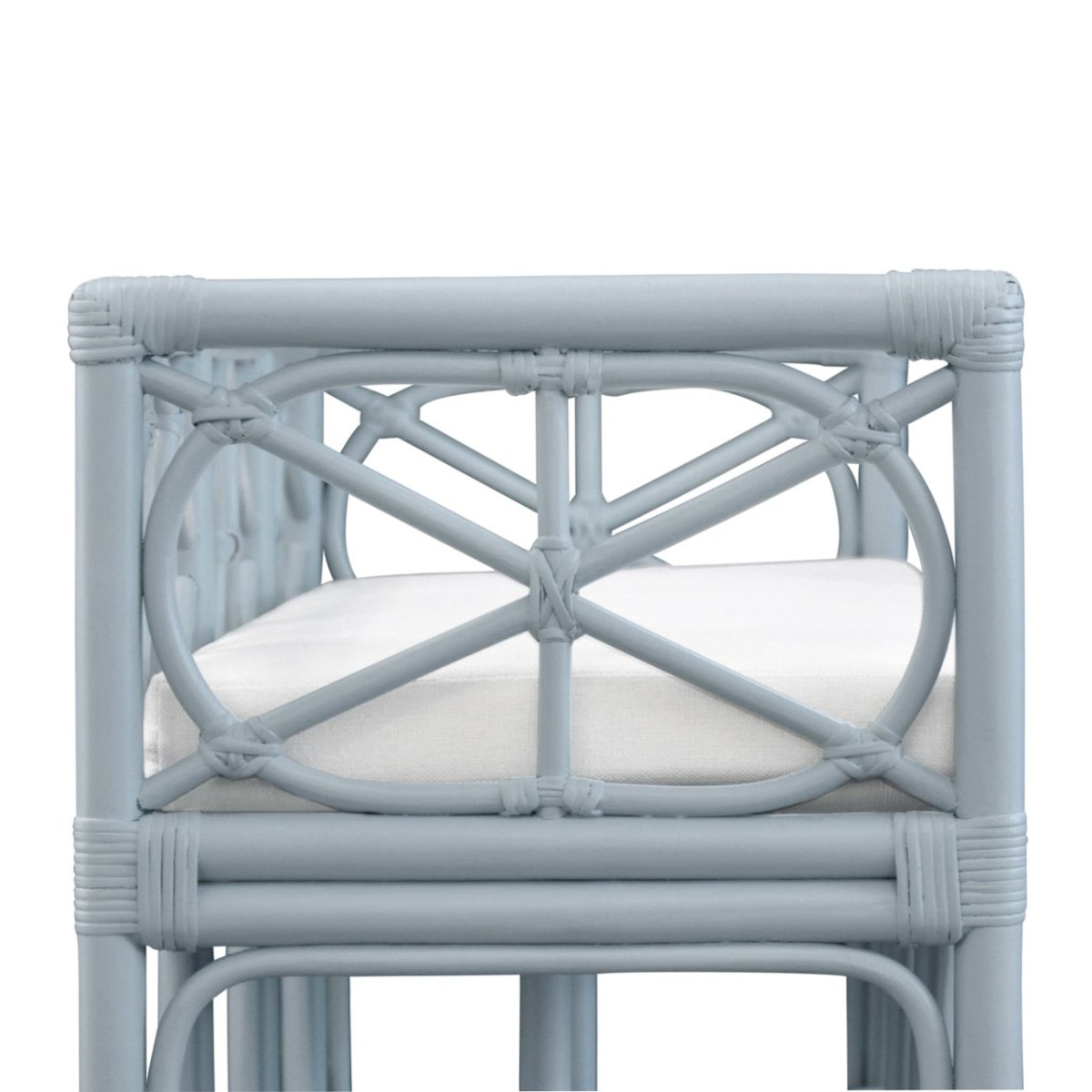 Worlds Away Ferguson Light Blue Rattan Loveseat Bench at Fig Linens and Home - Detail of Side View 1