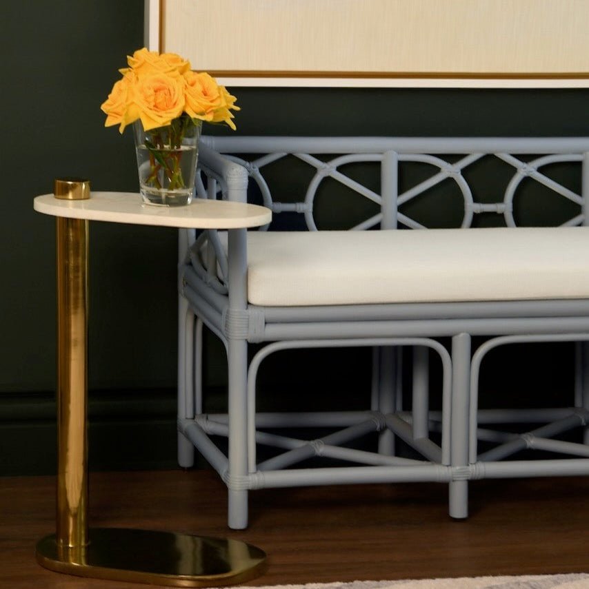 Worlds Away Ferguson Light Blue Rattan Loveseat Bench - Lifestyle in Green Room with Side Table