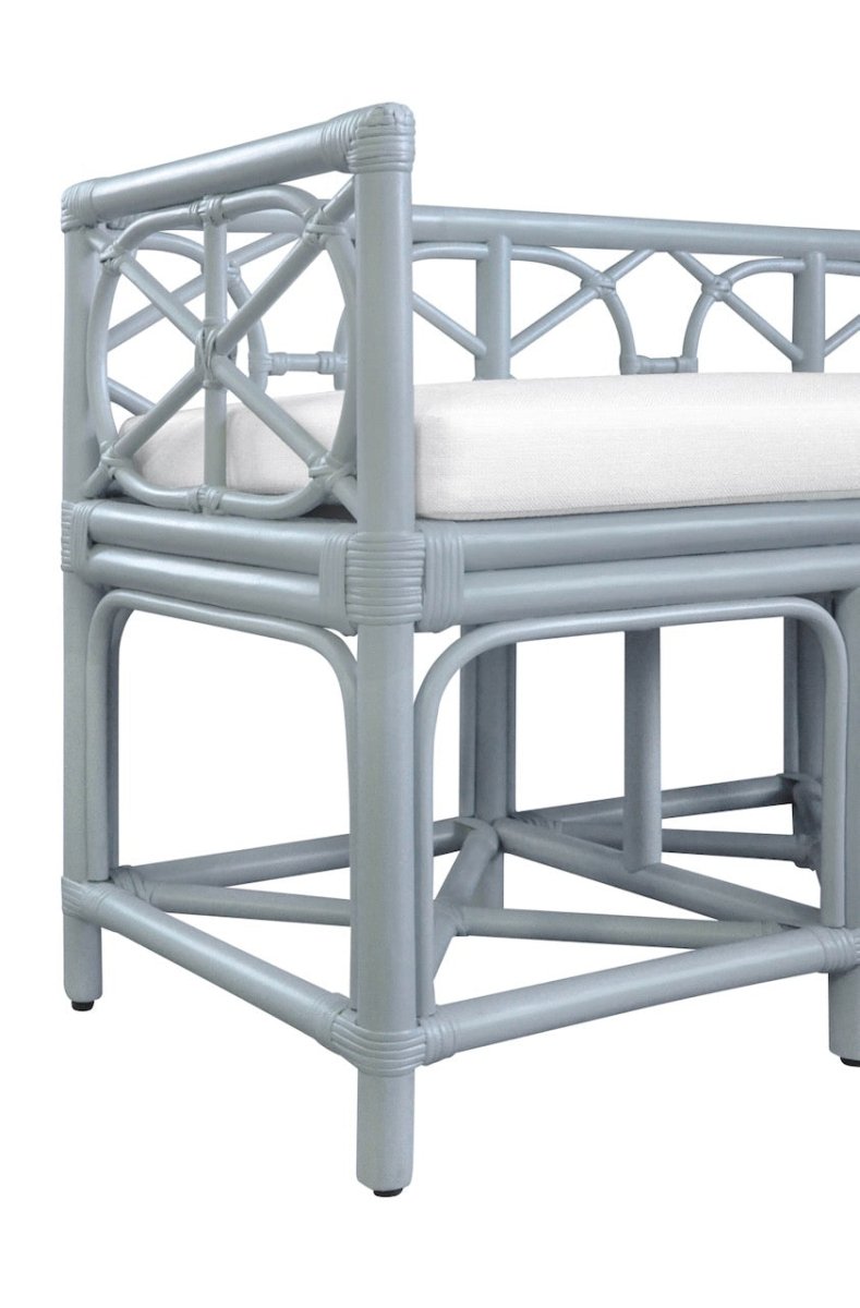 Worlds Away Ferguson Light Blue Rattan Loveseat Bench at Fig Linens and Home - Detail of Angle 2