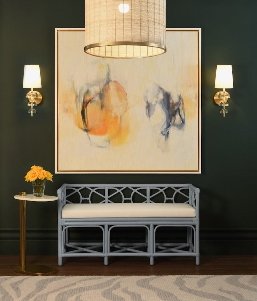 Worlds Away Ferguson Light Blue Rattan Loveseat Bench - Lifestyle in Green Room with Painting