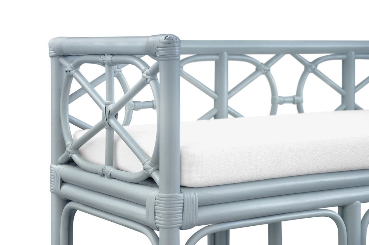 Worlds Away Ferguson Light Blue Rattan Loveseat Bench at Fig Linens and Home - Detail of Angle 1