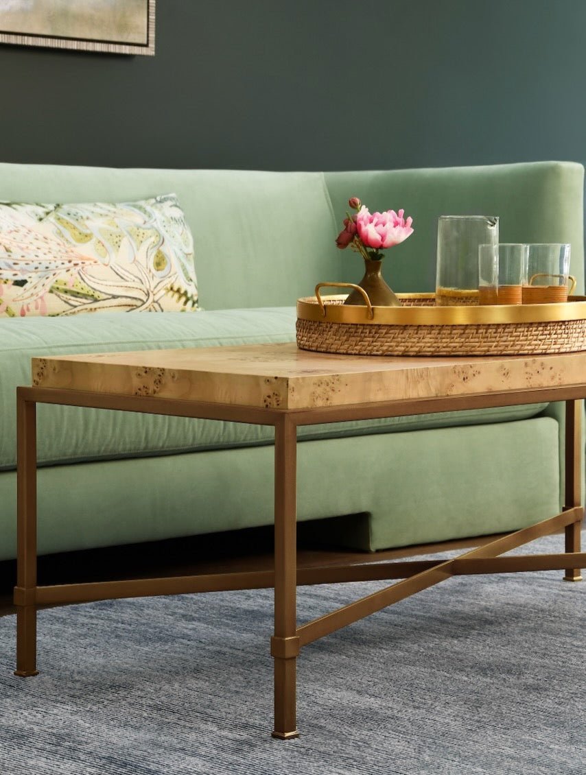 Worlds Away Hardwick Burlwood Coffee Table shown in Living Room with Sofa - Fig Linens and Home