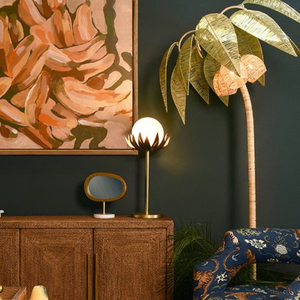 Worlds Away Moxie Brass with Globe Palm Leaf Table Lamp - Lifestyle