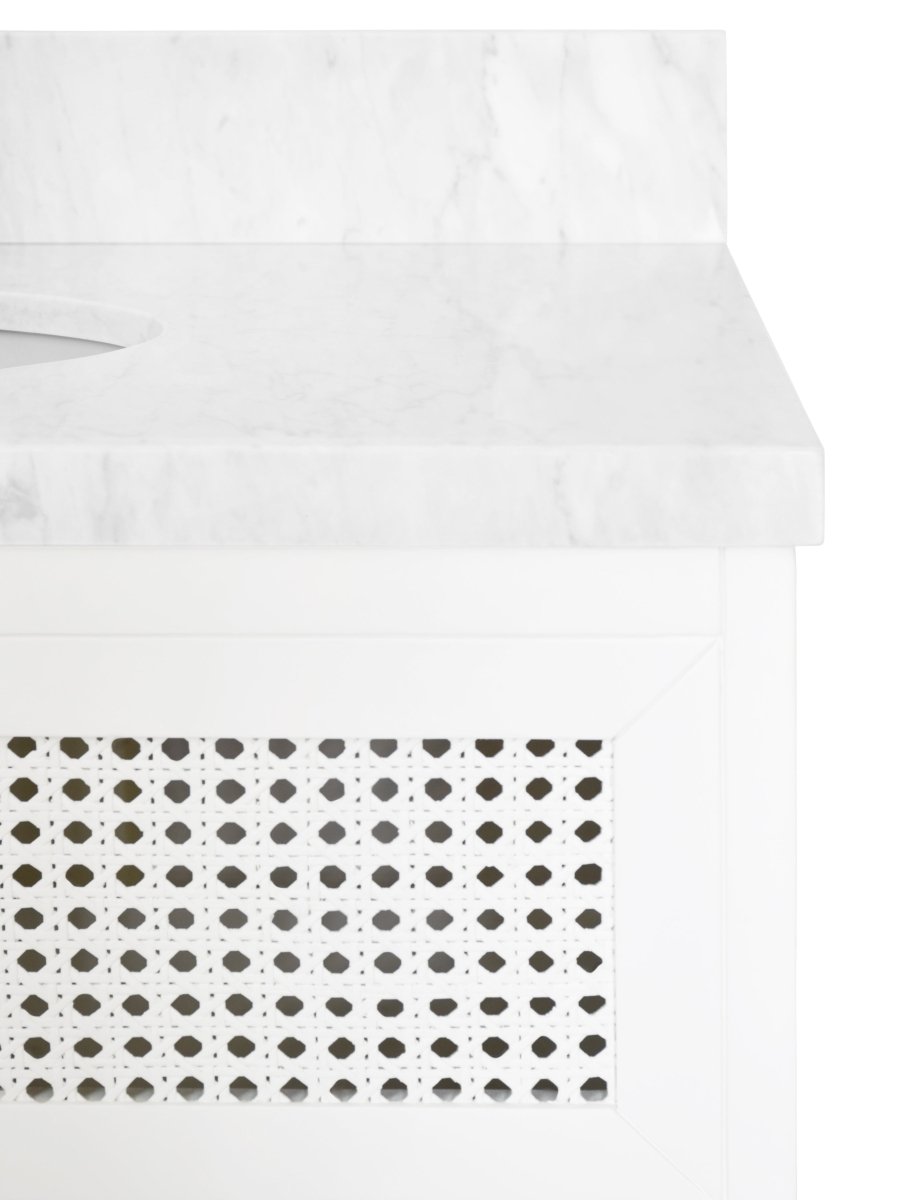Wynn White Bathroom Vanity by Worlds Away - Cane and Marble Top Detail