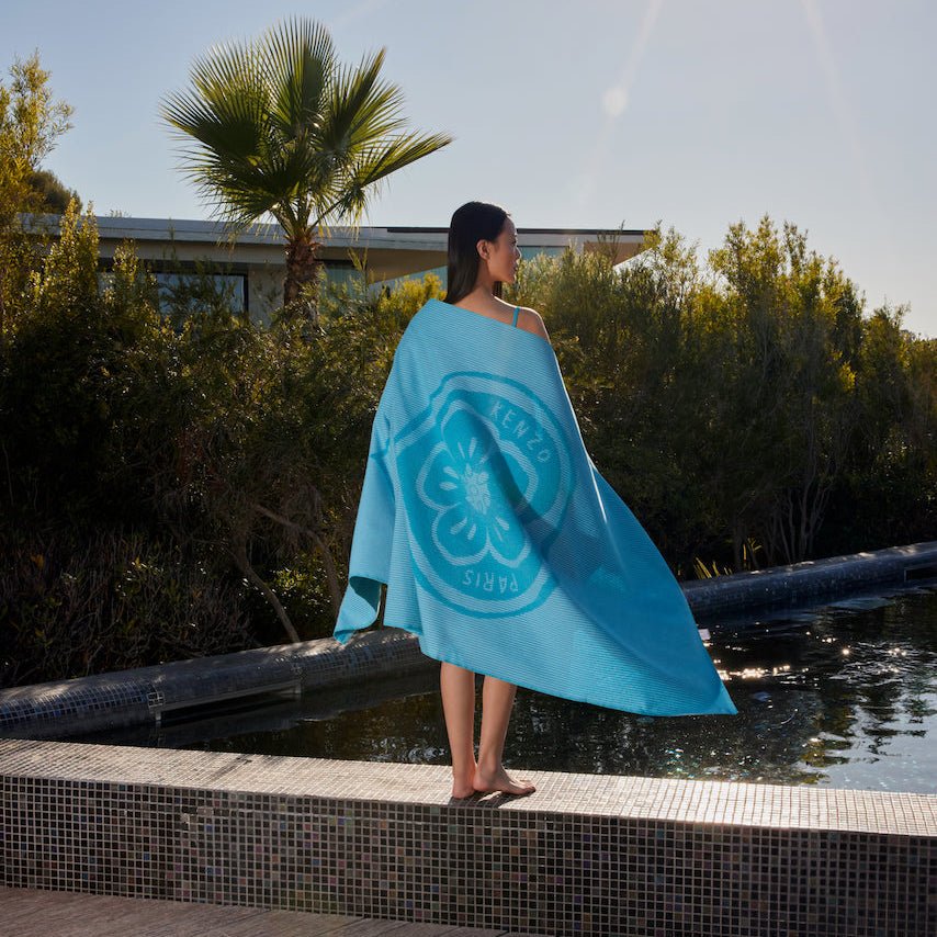 K HEART Turquoise Jacquard Beach Towel by Kenzo Paris | Yves Delorme at Fig Linens and Home 1