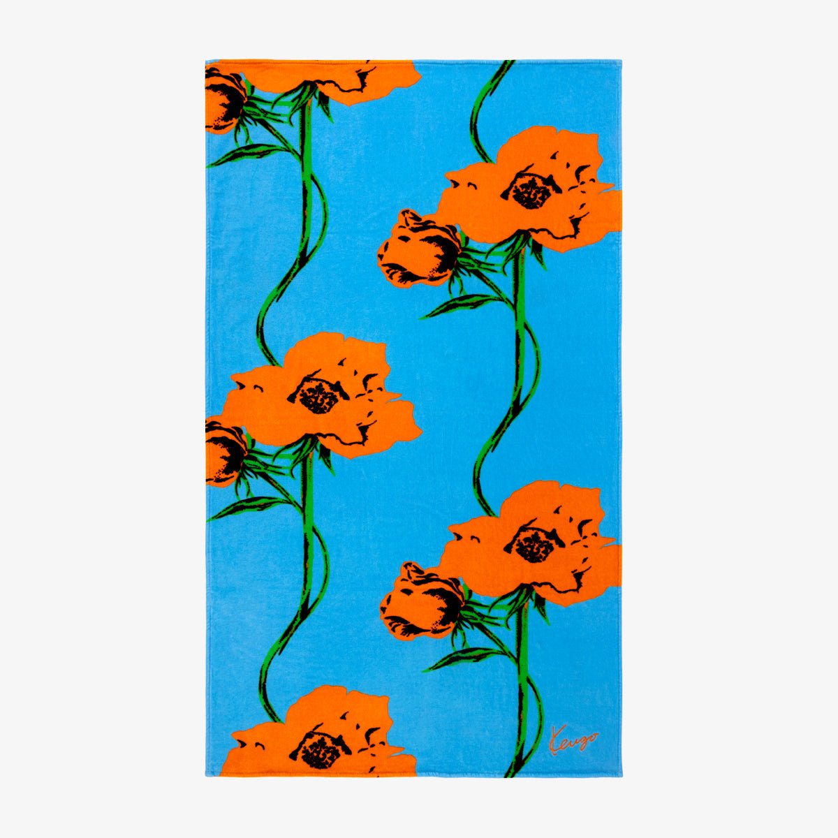 K POP Printed Beach Towel by Kenzo Paris | Large Roses on Yves Delorme Turquoise Pool Towel 1