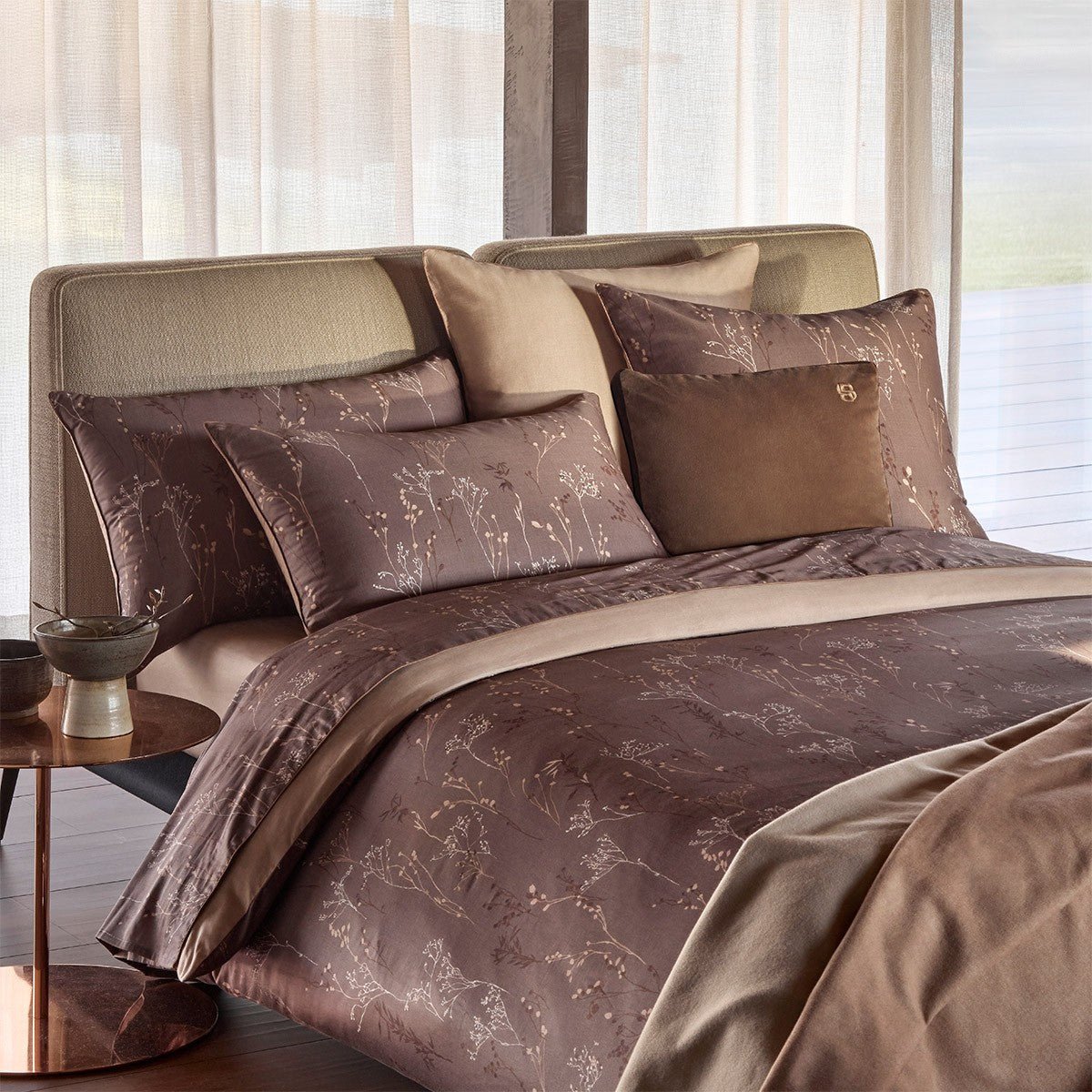 Wild Millet Fitted Sheet by Hugo Boss Home King Fitted Sheet Mocha at FIG LINENS AND HOME 4