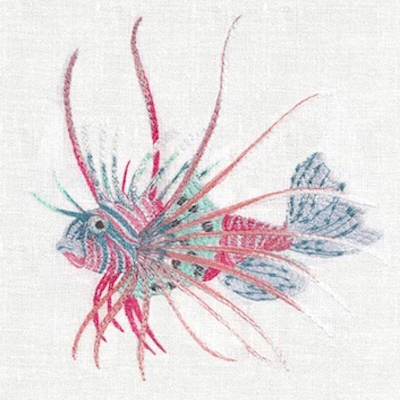 Detail of Aqua Lion Fish Linen Guest Towels by Anali at Fig Linens and Home - Bathroom Accessories