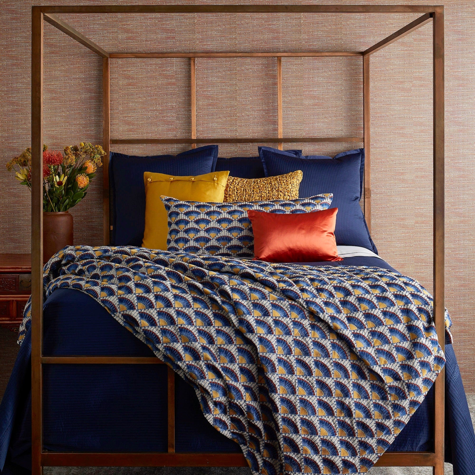 Linea Navy Blue Coverlet Set by Ann Gish - Shown with duvet cover and yellow pillows