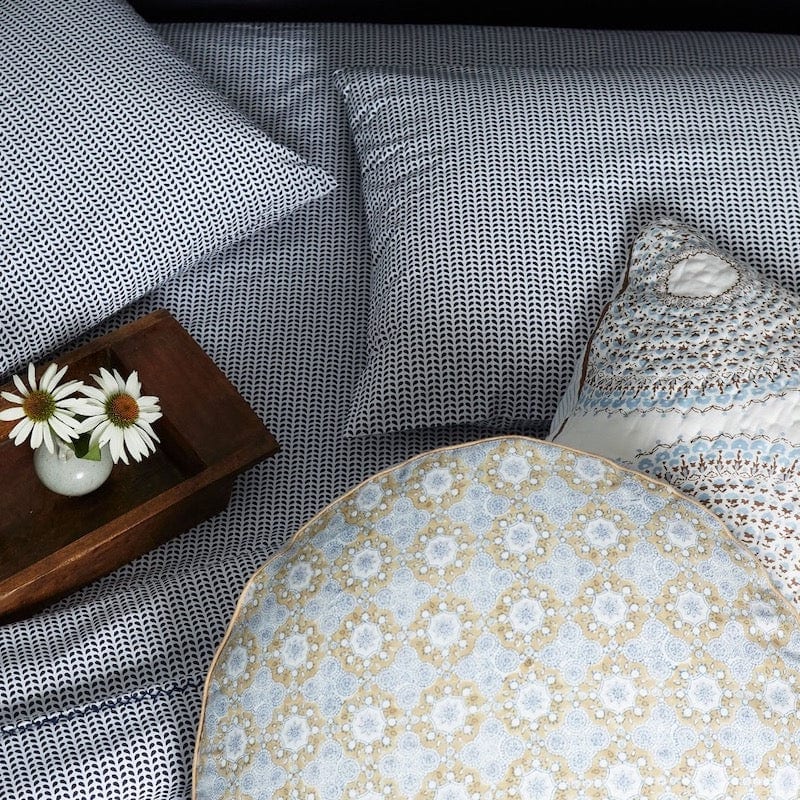 John Robshaw Cinde Indigo Sheets | Shown with Pillow and Quilt at Fig Linens and Home