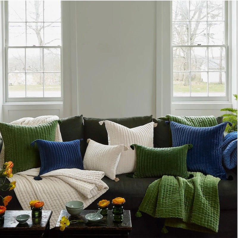 Velvet Moss Green Lumbar Pillow in Lifestyle Photo | John Robshaw Decorative Pillows
