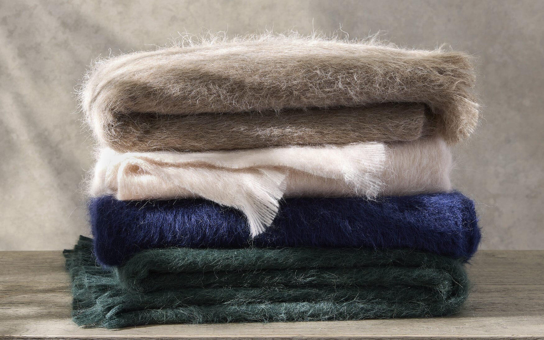 Matouk Bruno Throw - Oak shown on top - Alpaca and Wool Throw Blanket