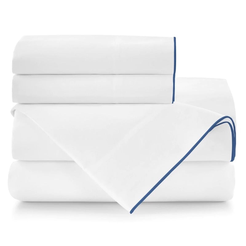 Peacock Alley Bed Sheets - Melody Sheets in White with Indigo Trim | Fig Linens and Home